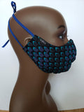 *Fifi: Tie Back Filter Pocket Blue and Black African Print Face Mask