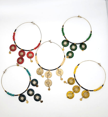 Najia: various Colored Wood and Brass Chandelier Necklace and Earring Sets