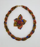 Tanastwa: African Print Necklace and Brooche Set Brown, Maroon and Yellow