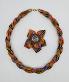 Tanastwa: African Print Necklace and Brooche Set Brown, Maroon and Yellow