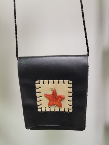 *Bona: Black Leather Shoulder Bag with Red Star