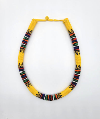 Sike: Thick Yellow Button back Zulu Beaded Headband/Necklace