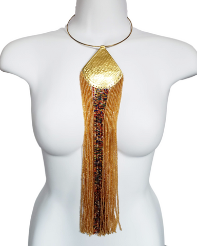 Maasai IV: Long Brass Beaded Pink Tassel Necklace