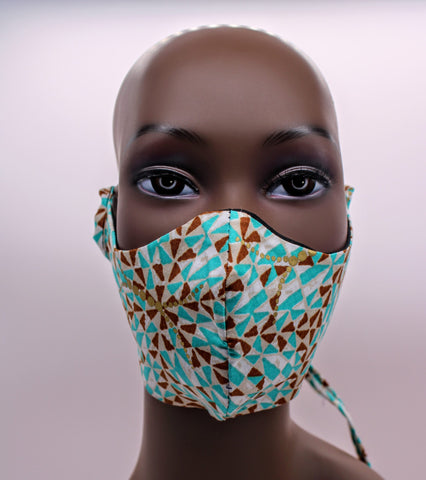 Yaw II: Turquoise and Gold Combo Tie Back and Adjustable Ear Loop Filter Pocket  Face Mask (Copy)