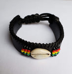 *Adimu: Adjustable Black leather Bracelet with Beads with Shell