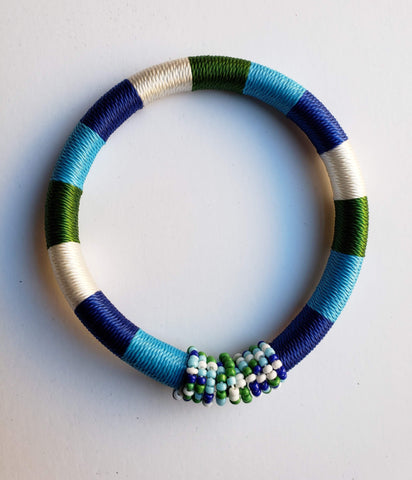Issa: Blue White and Green Threaded Bracelet with Beads