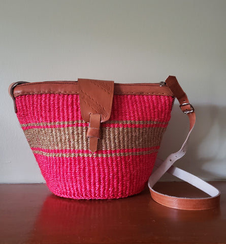 *Kiondo III: Coral and Tan Handwoven Straw Shoulder Bag
