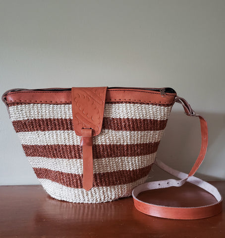 Kiondo II - Cream and Brown Striped Handwoven Straw Shoulder Bag