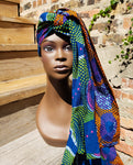 Dhuku: Blue Orange Pink African Print Head Wrap (No Wax)