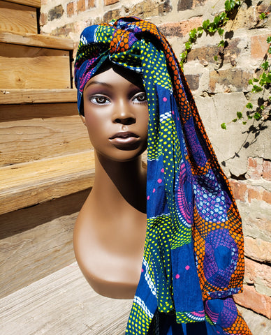 Dhuku: Blue Orange Pink African Print Head Wrap (No Wax)
