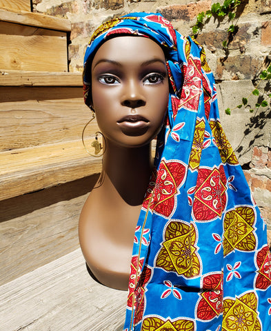 Chichewa: African Print Wax Blue Square Head Wrap