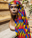 *Kitenge: African Print Wax Red Blue and Yellow Head Wrap