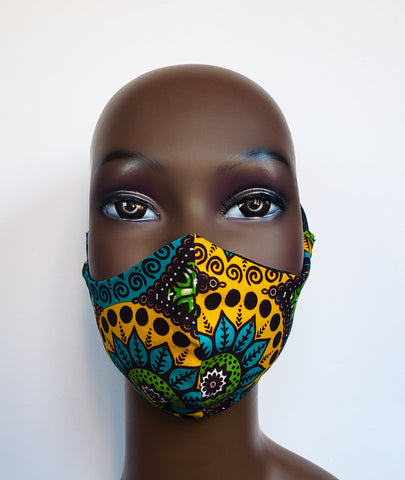 Kwasi- African Paisley Print Blue Yellow Brown Face Mask