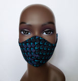 *Fifi: Kids' Tie Back Filter Pocket Blue and Black African Print Face Mask