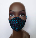 *Fifi: Tie Back Filter Pocket Blue and Black African Print Face Mask