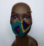 Akwasi: Combo Tie Back and Adjustable Ear Loop Filter Pocket Turquoise and Multi Color Feather Face Mask