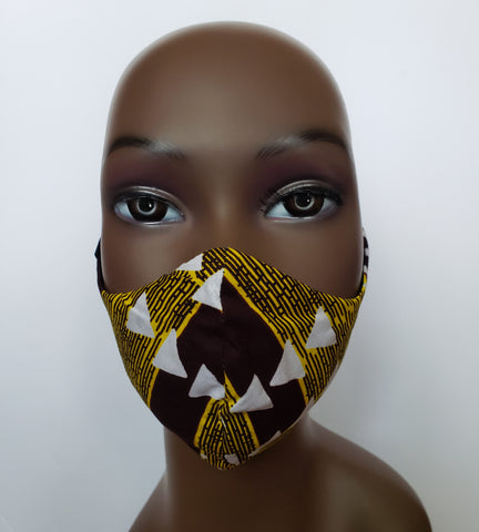 Yoofi: Tie Back Filter Pocket Brown Gold and White African Print  Face Mask