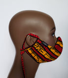 Kuuku: Combo Tie Back and Adjustable Ear Loop Filter Pocket Black Yellow and Red African Print Face Mask