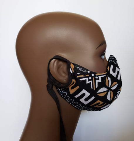 *Kwamina: Combo Tie Back and Adjustable Ear Loop Filter Pocket Black White and Tan African Print Face Mask