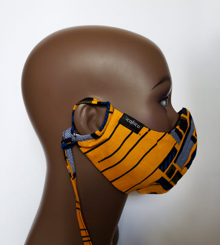 Tauret: Combo Tie Back and Adjustable Ear Loop Filter Pocket African Print Yellow and Blue Square Face Mask