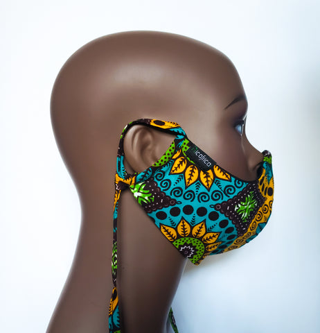 Kabelah: Combo Tie Back and Adjustable Ear Loop Filter Pocket Paisley African Print Face Mask