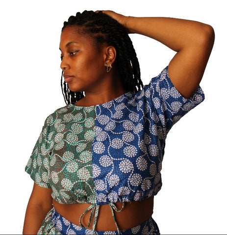 Komla - Green and Blue Floral African Print Draw String Crop Top