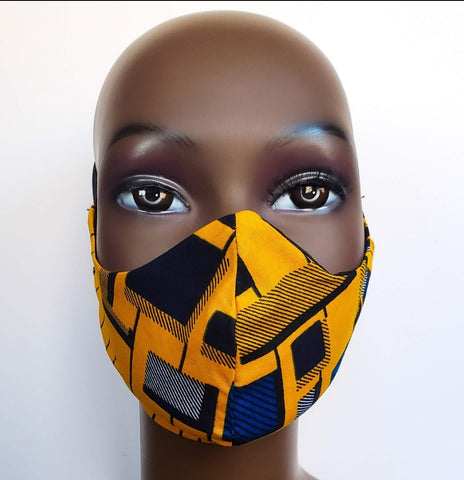 Yaw: Tie Back Filter Pocket Yellow and Blue Square African Print  Face Mask