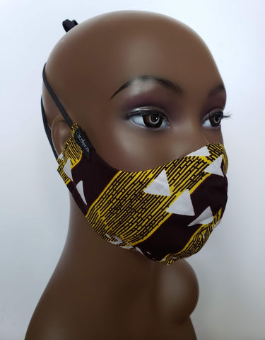 Yoofi: Kid's Tie Back Filter Pocket Brown Gold and White African Print Face Mask